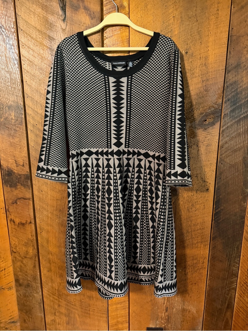 Nina Leonard Black Tan Geo Graphic Sweater Knit A-Line Dress Large Office Wear